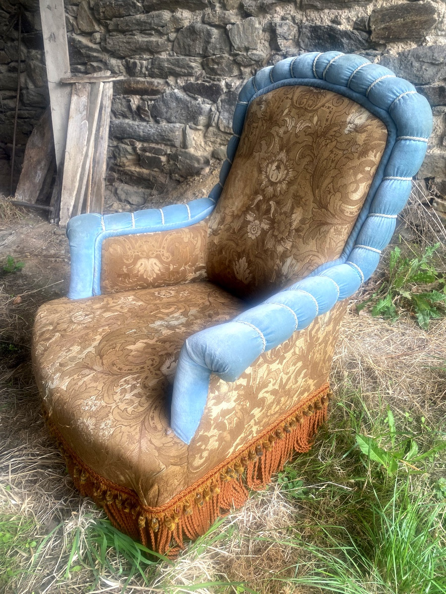 Chauffeuse tapissée en tissus viel or broché et boudin de velours bleu et cordon  ,Napoléon III-photo-3