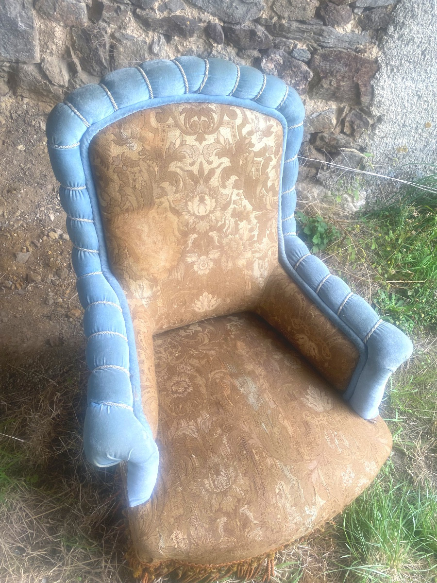 Chauffeuse tapissée en tissus viel or broché et boudin de velours bleu et cordon  ,Napoléon III-photo-1