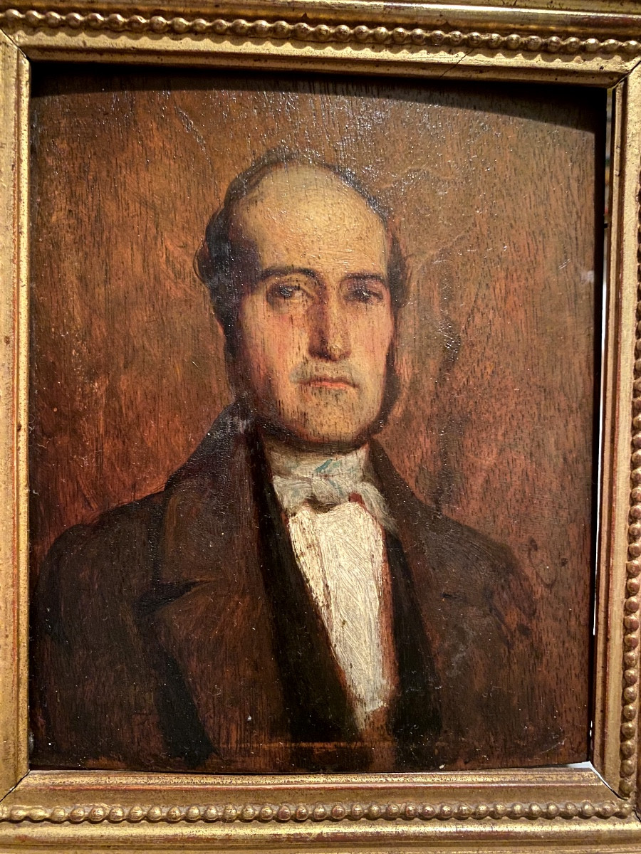  Charmant Portrait d'Homme Elégant d'époque Louis Philippe encadré doré , huile/bois vers 1840-photo-2
