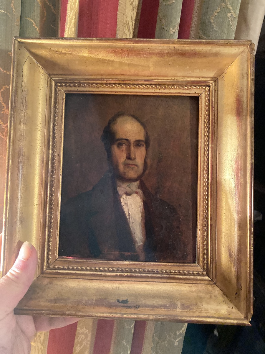  Charmant Portrait d'Homme Elégant d'époque Louis Philippe encadré doré , huile/bois vers 1840-photo-4