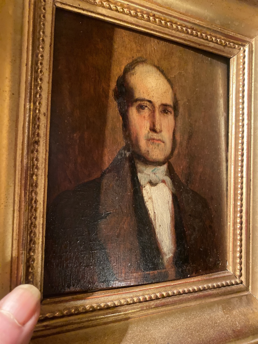  Charmant Portrait d'Homme Elégant d'époque Louis Philippe encadré doré , huile/bois vers 1840-photo-5