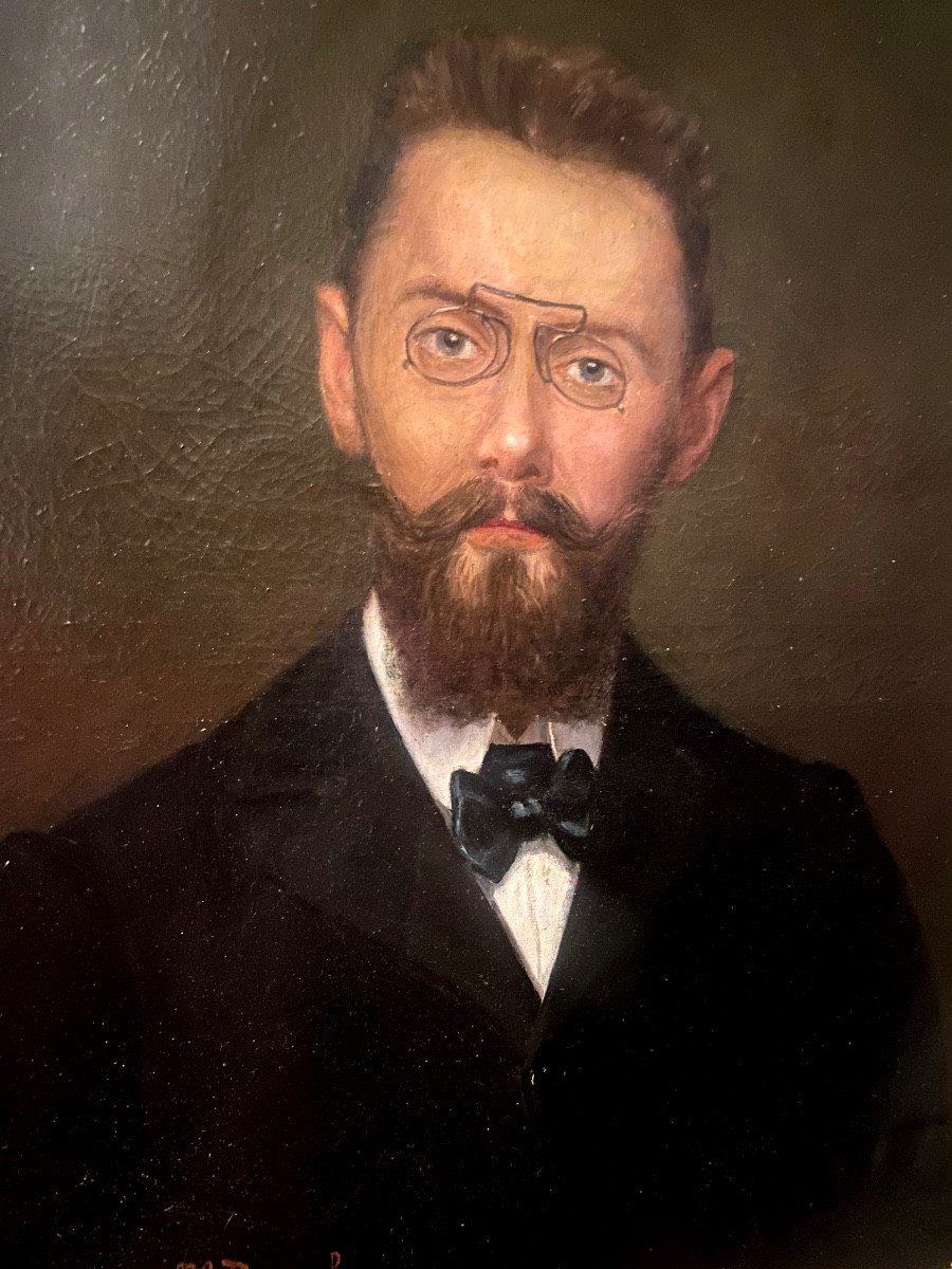 Beau grand Portrait  d'Homme aux pince nez et noeud papillon  encadré  ,XIXème, signé M Roucole-photo-4