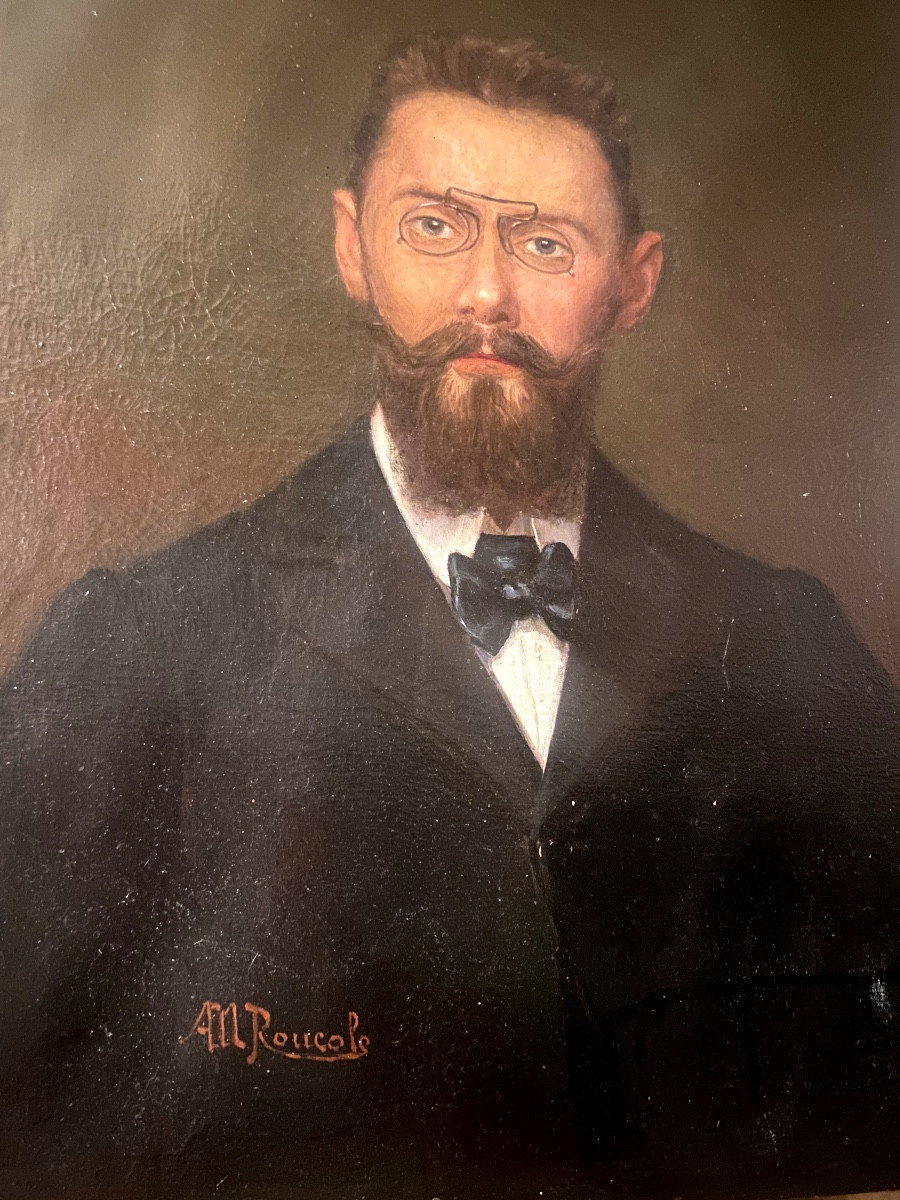 Beau grand Portrait  d'Homme aux pince nez et noeud papillon  encadré  ,XIXème, signé M Roucole-photo-2