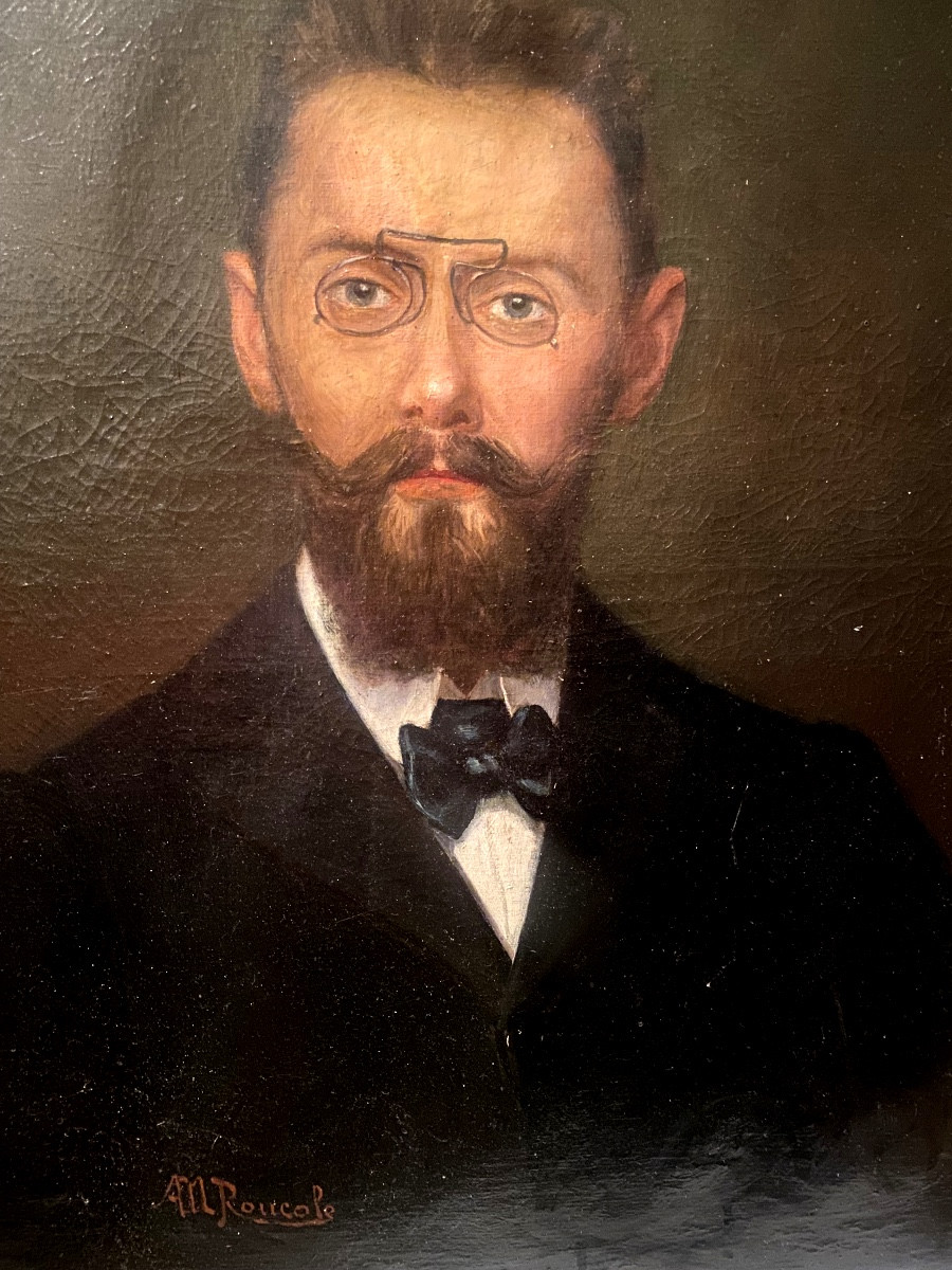 Beau grand Portrait  d'Homme aux pince nez et noeud papillon  encadré  ,XIXème, signé M Roucole-photo-6