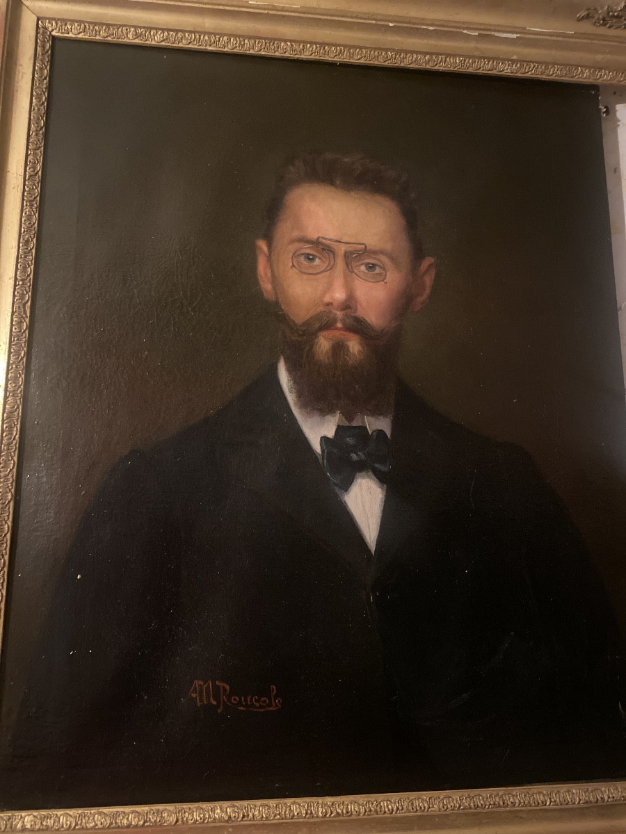 Beau grand Portrait  d'Homme aux pince nez et noeud papillon  encadré  ,XIXème, signé M Roucole-photo-8