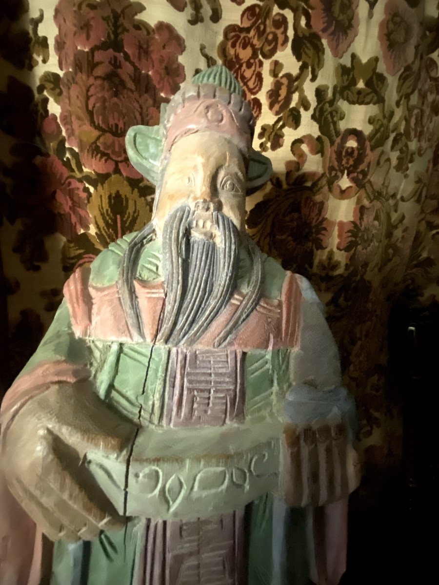Belle Grande statuette de sage dignitaire chinois , bois sculpté polychromé pastel léger XIXème-photo-3
