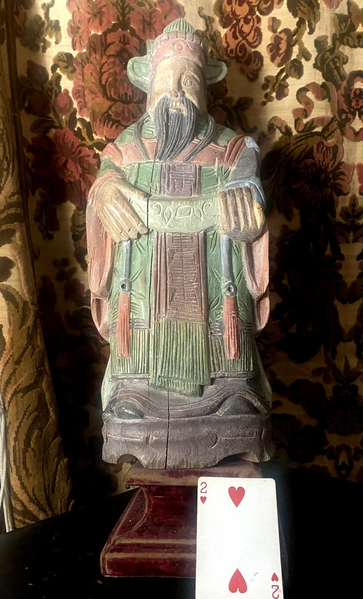 Belle Grande statuette de sage dignitaire chinois , bois sculpté polychromé pastel léger XIXème-photo-2