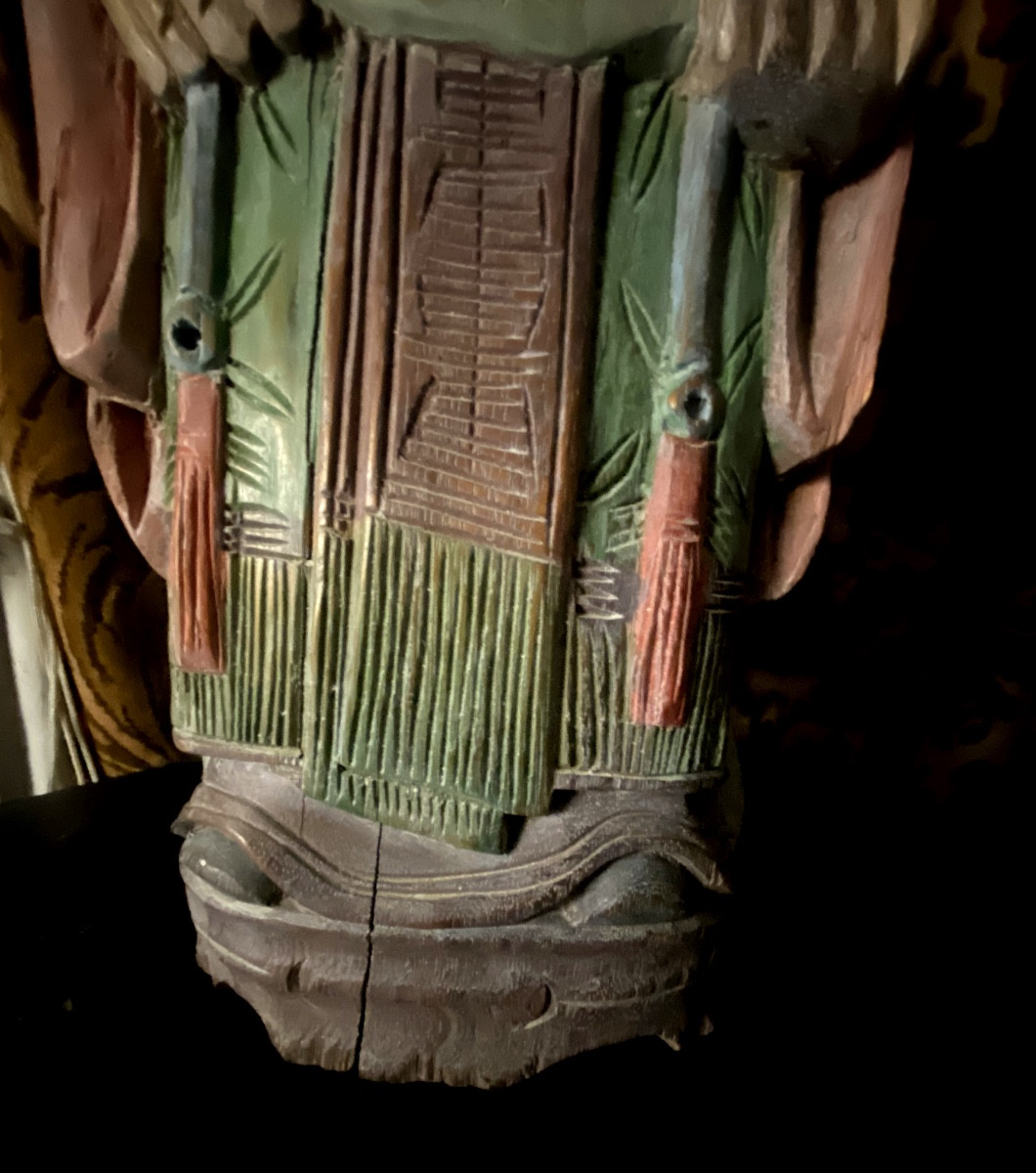 Belle Grande statuette de sage dignitaire chinois , bois sculpté polychromé pastel léger XIXème-photo-1