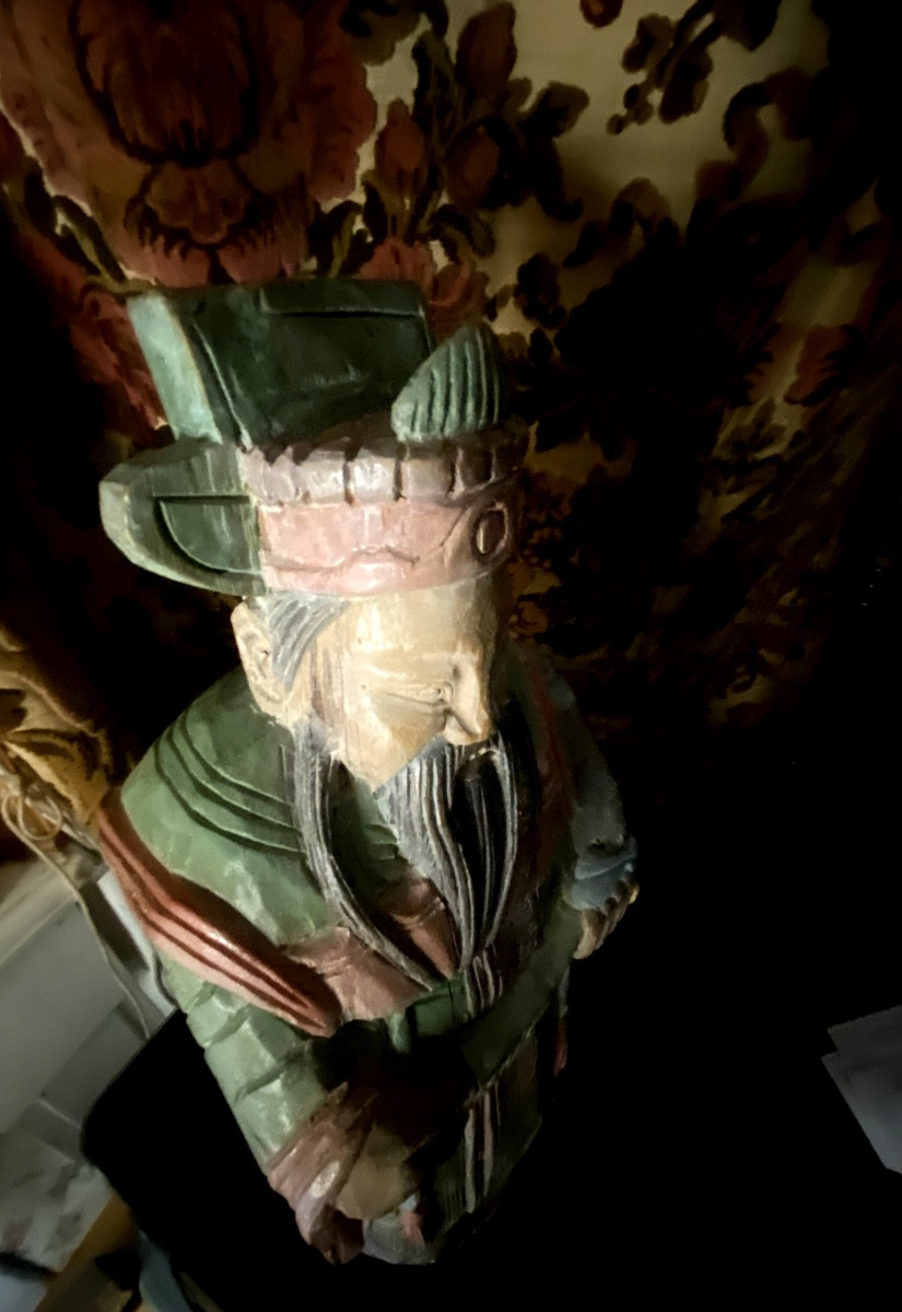 Belle Grande statuette de sage dignitaire chinois , bois sculpté polychromé pastel léger XIXème-photo-4