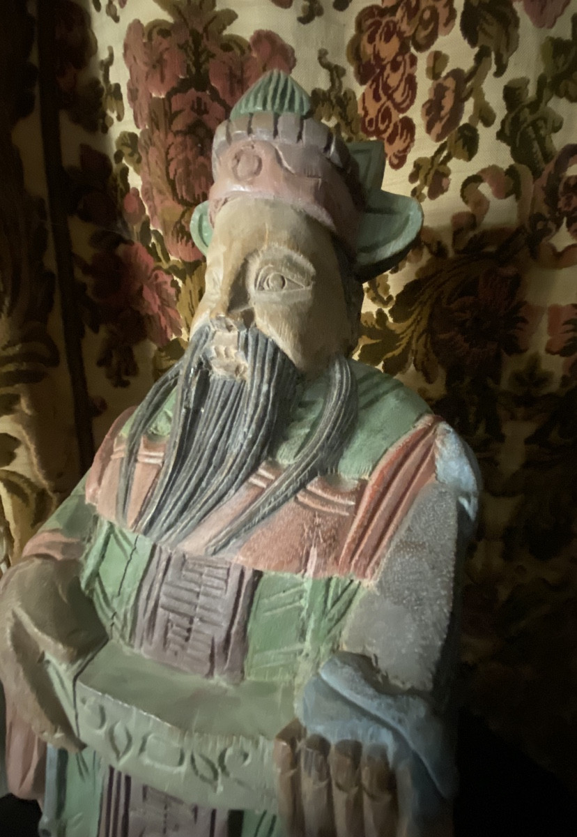 Belle Grande statuette de sage dignitaire chinois , bois sculpté polychromé pastel léger XIXème-photo-6