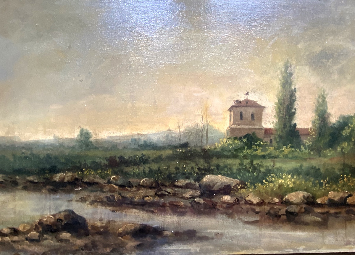 Paysage encadré d'une fin de journée en Espagne du monastère non loin d'une rivière signé 19ème-photo-3