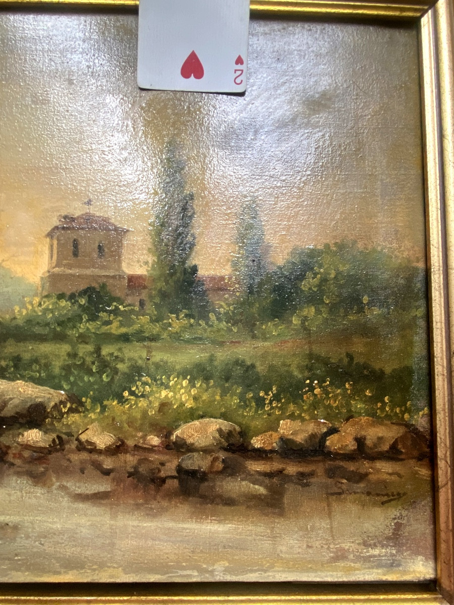 Paysage encadré d'une fin de journée en Espagne du monastère non loin d'une rivière signé 19ème-photo-4