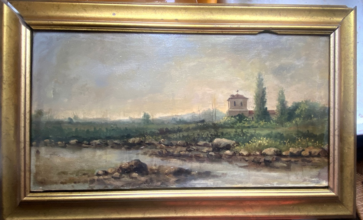 Paysage encadré d'une fin de journée en Espagne du monastère non loin d'une rivière signé 19ème-photo-7