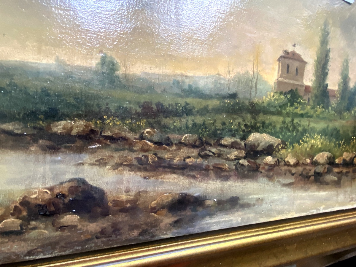 Paysage encadré d'une fin de journée en Espagne du monastère non loin d'une rivière signé 19ème-photo-8