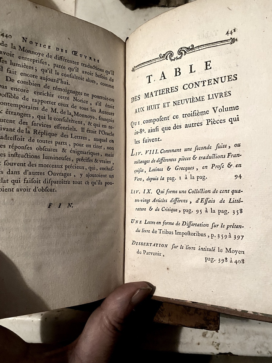 3 Vol In 8. "Oeuvres Choisies de feu Monsieur De La Monnoye" de l'Académie Française. à La Haye-photo-7