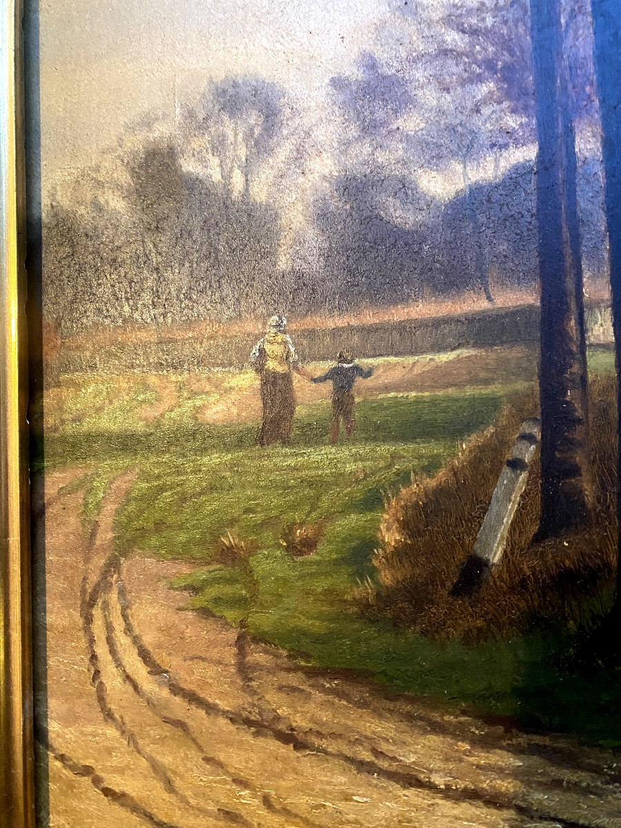 Ecole de Barbizon  paysanne promenant un enfant dans la percée du canal , huile/panneau 19ème-photo-1