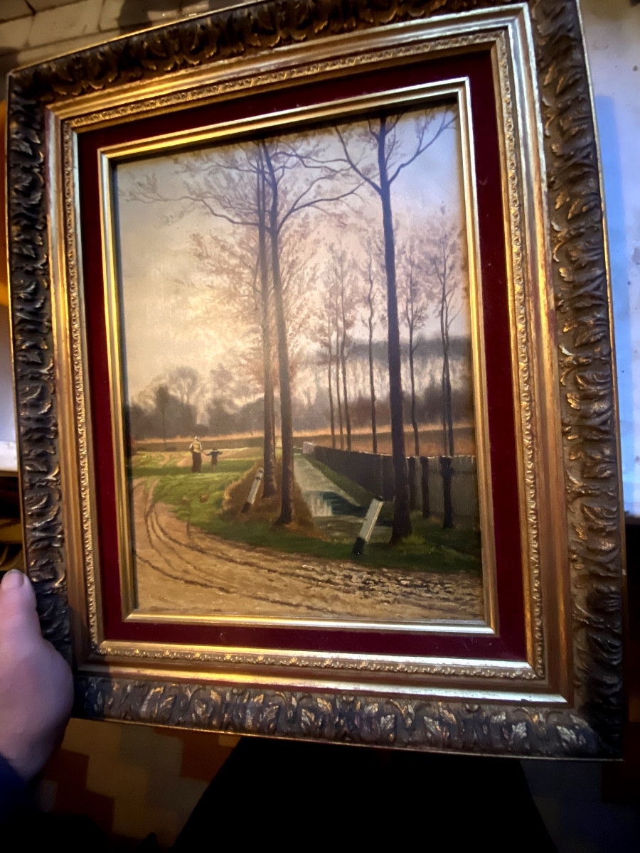 Ecole de Barbizon  paysanne promenant un enfant dans la percée du canal , huile/panneau 19ème-photo-4