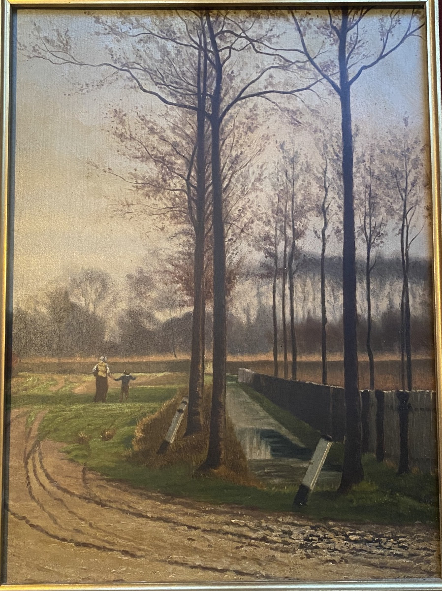 Ecole de Barbizon  paysanne promenant un enfant dans la percée du canal , huile/panneau 19ème-photo-6