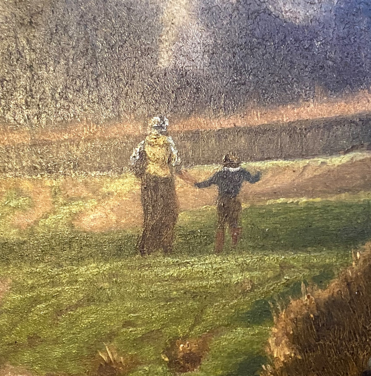 Ecole de Barbizon  paysanne promenant un enfant dans la percée du canal , huile/panneau 19ème-photo-7
