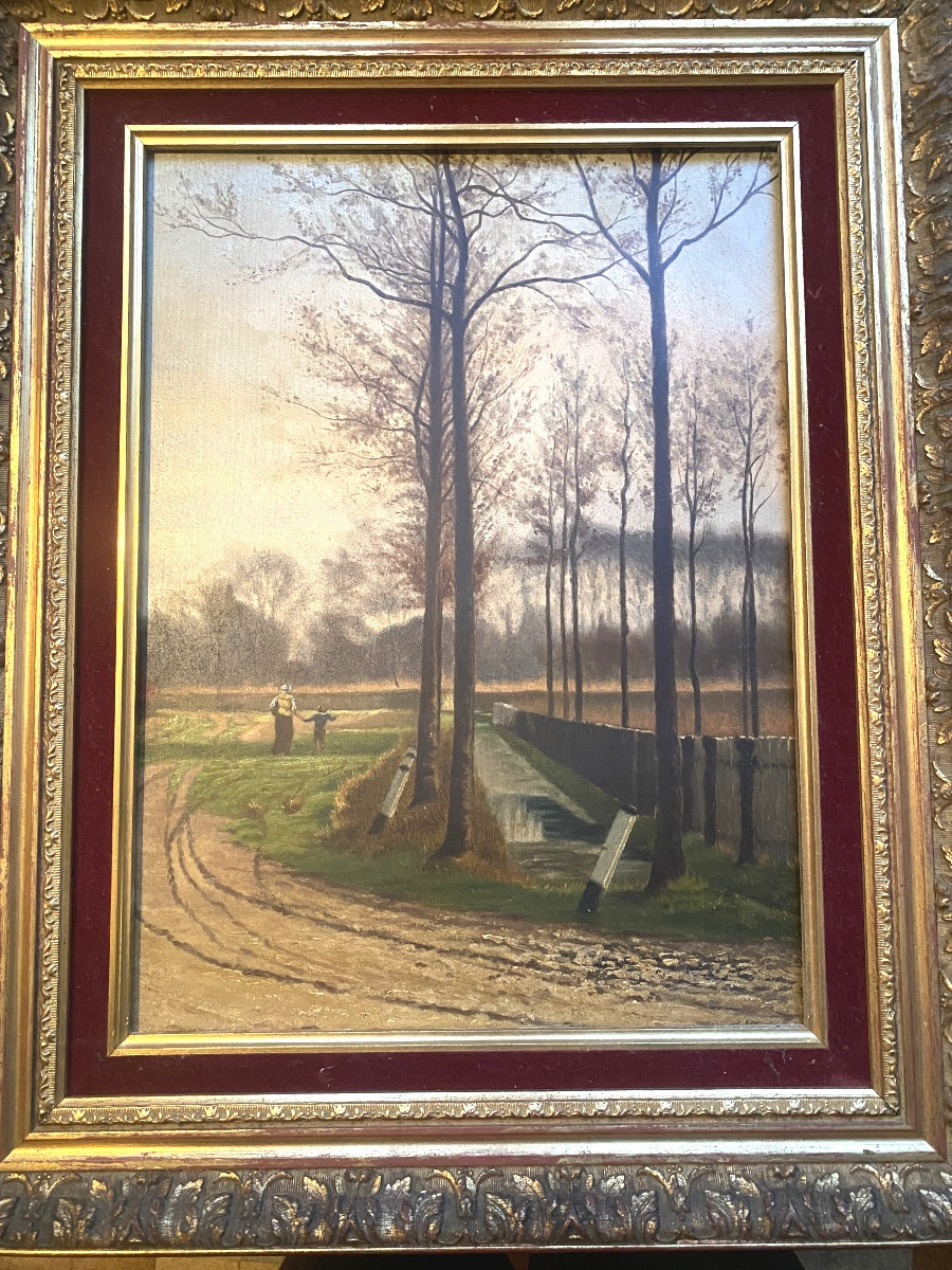 Ecole de Barbizon  paysanne promenant un enfant dans la percée du canal , huile/panneau 19ème