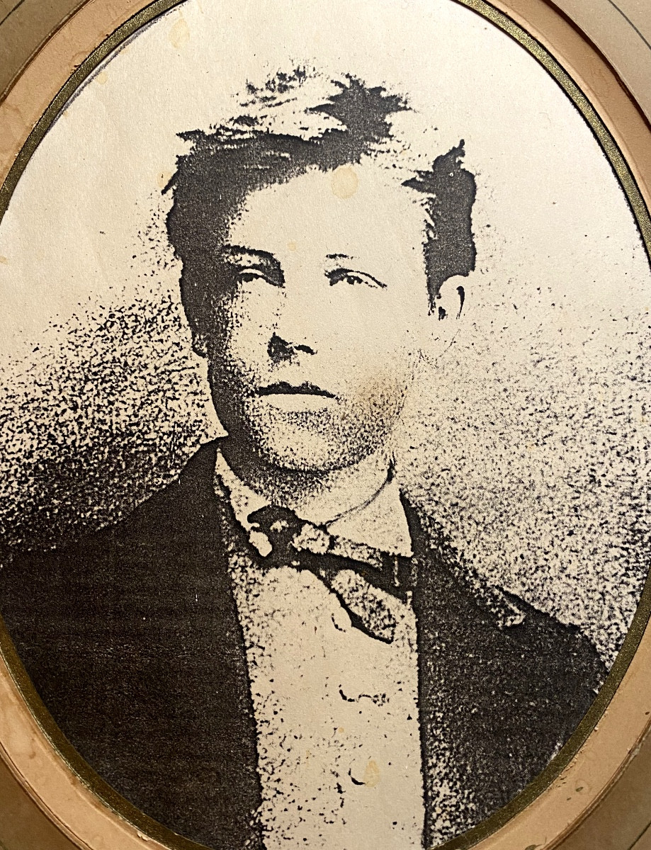 Portrait  lithographique ovale XIXème, dans son cadre perlé bois doré du jeune" Arthur Rimbaud"-photo-1