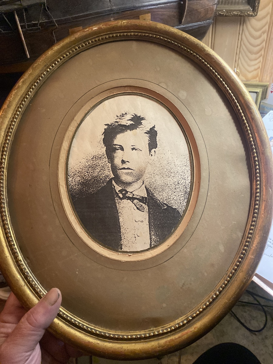 Portrait  lithographique ovale XIXème, dans son cadre perlé bois doré du jeune" Arthur Rimbaud"-photo-4