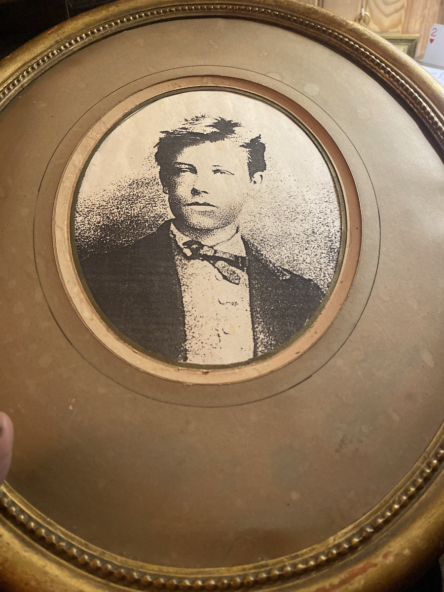 Portrait  lithographique ovale XIXème, dans son cadre perlé bois doré du jeune" Arthur Rimbaud"-photo-7