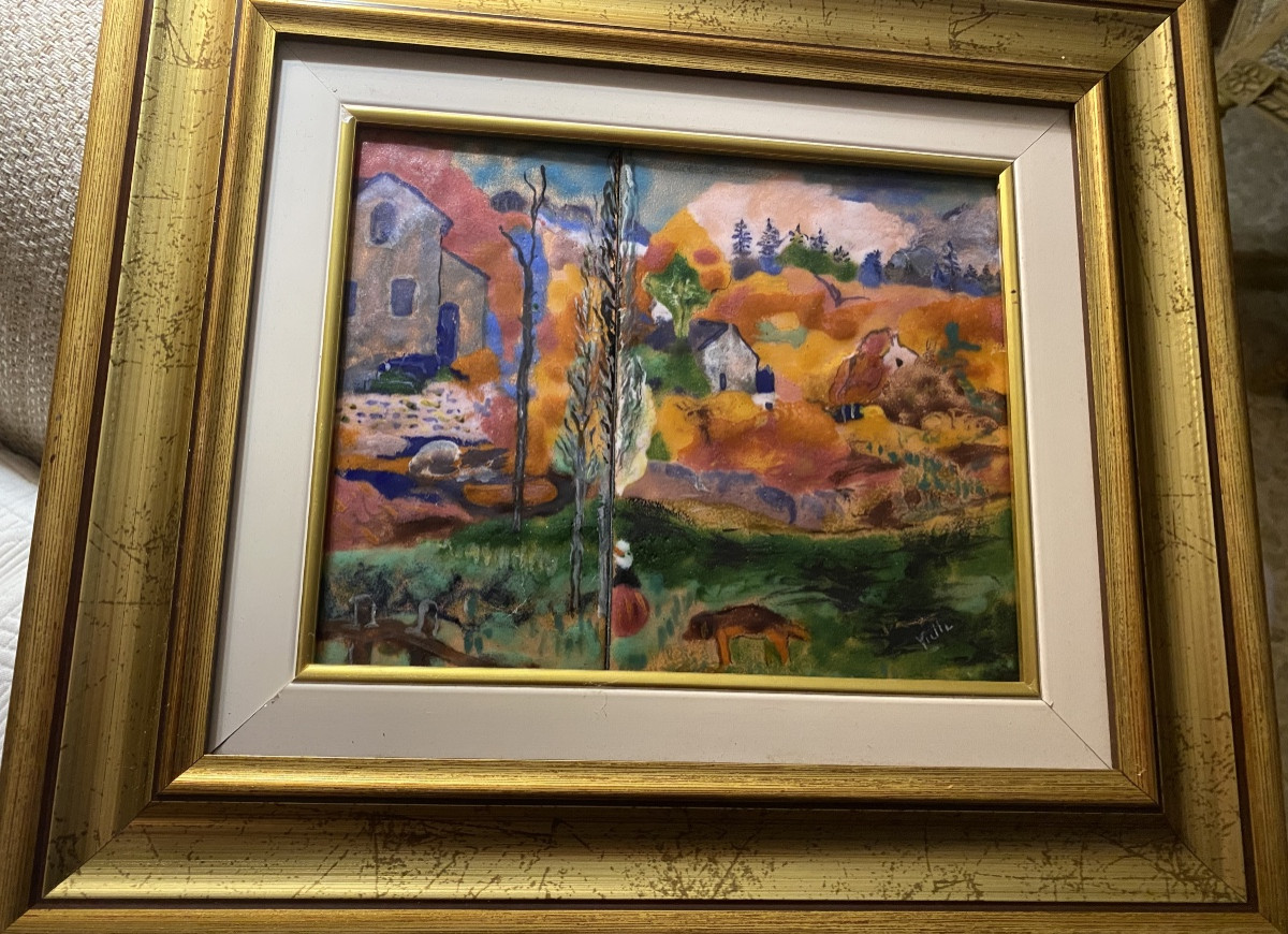 Oeuvre de Vielle dans un encadrement doré d'un paysage peint a l'émail sur cuivre d'un paysage -photo-1
