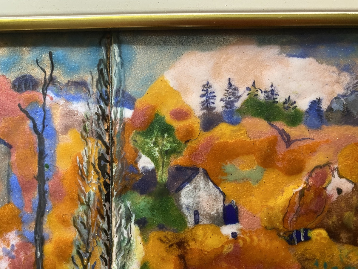Oeuvre de Vielle dans un encadrement doré d'un paysage peint a l'émail sur cuivre d'un paysage -photo-3