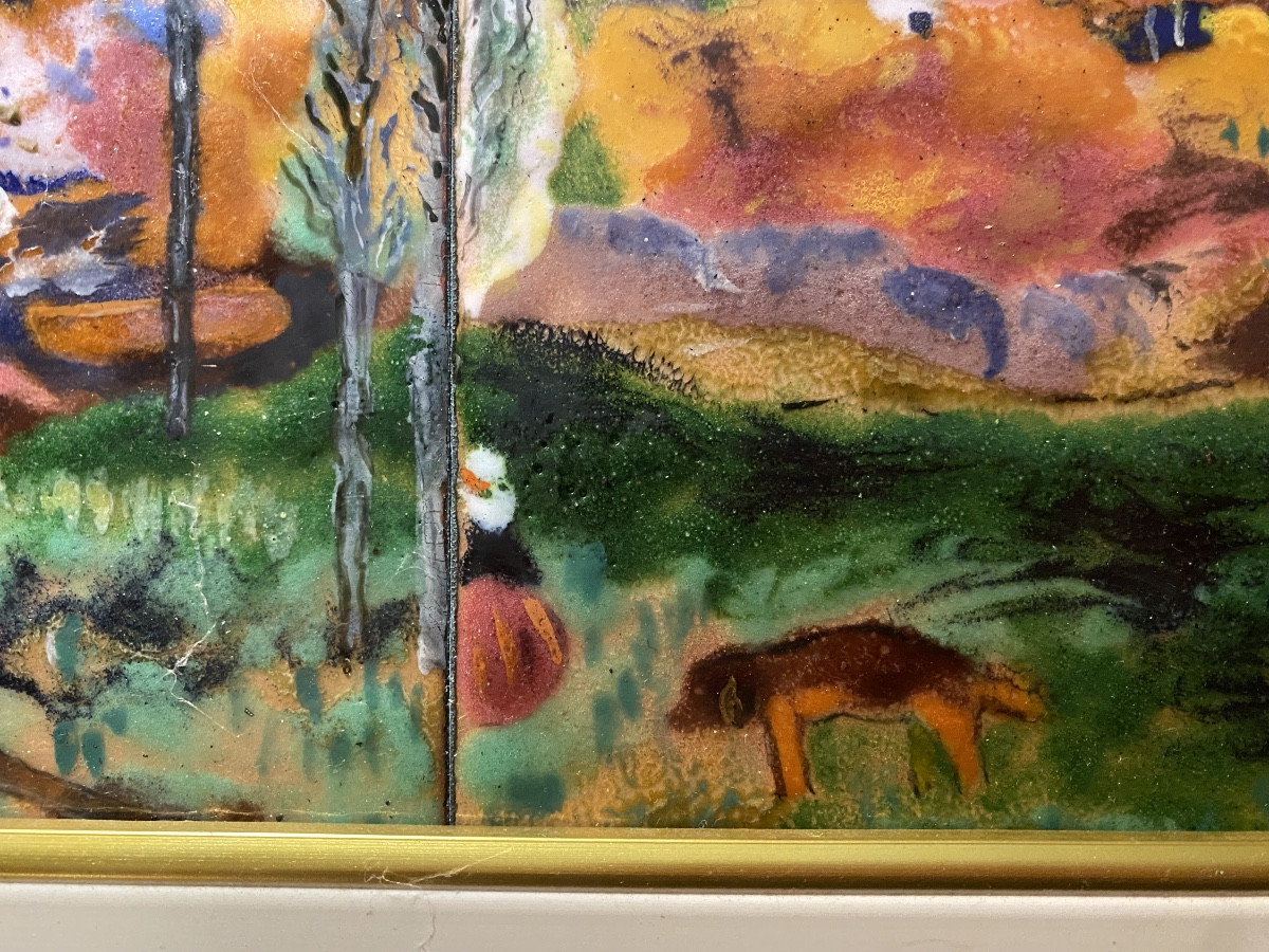 Oeuvre de Vielle dans un encadrement doré d'un paysage peint a l'émail sur cuivre d'un paysage -photo-4