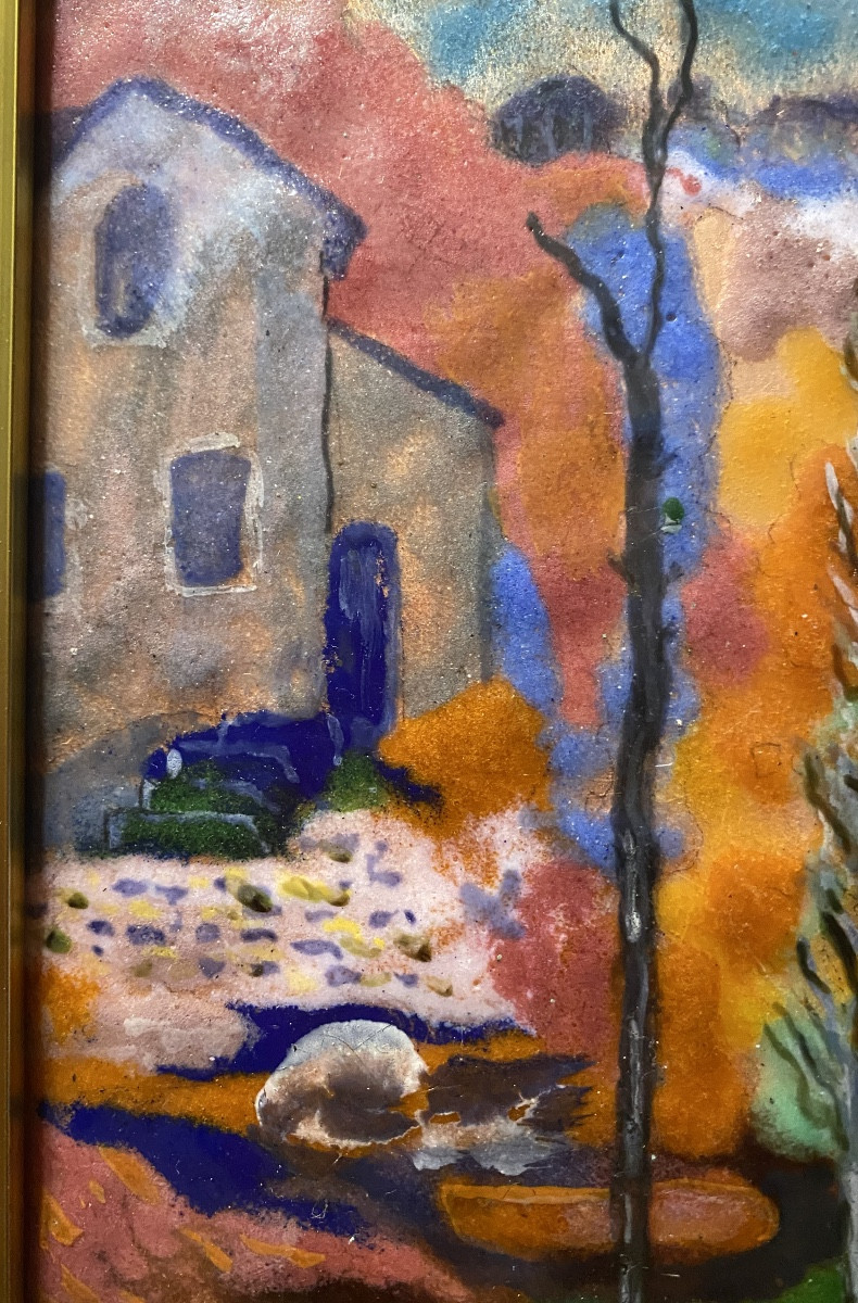 Oeuvre de Vielle dans un encadrement doré d'un paysage peint a l'émail sur cuivre d'un paysage -photo-5