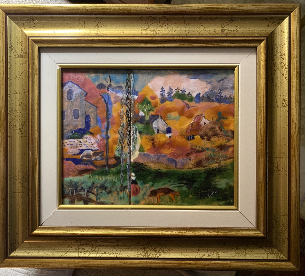 Oeuvre de Vielle dans un encadrement doré d'un paysage peint a l'émail sur cuivre d'un paysage -photo-7