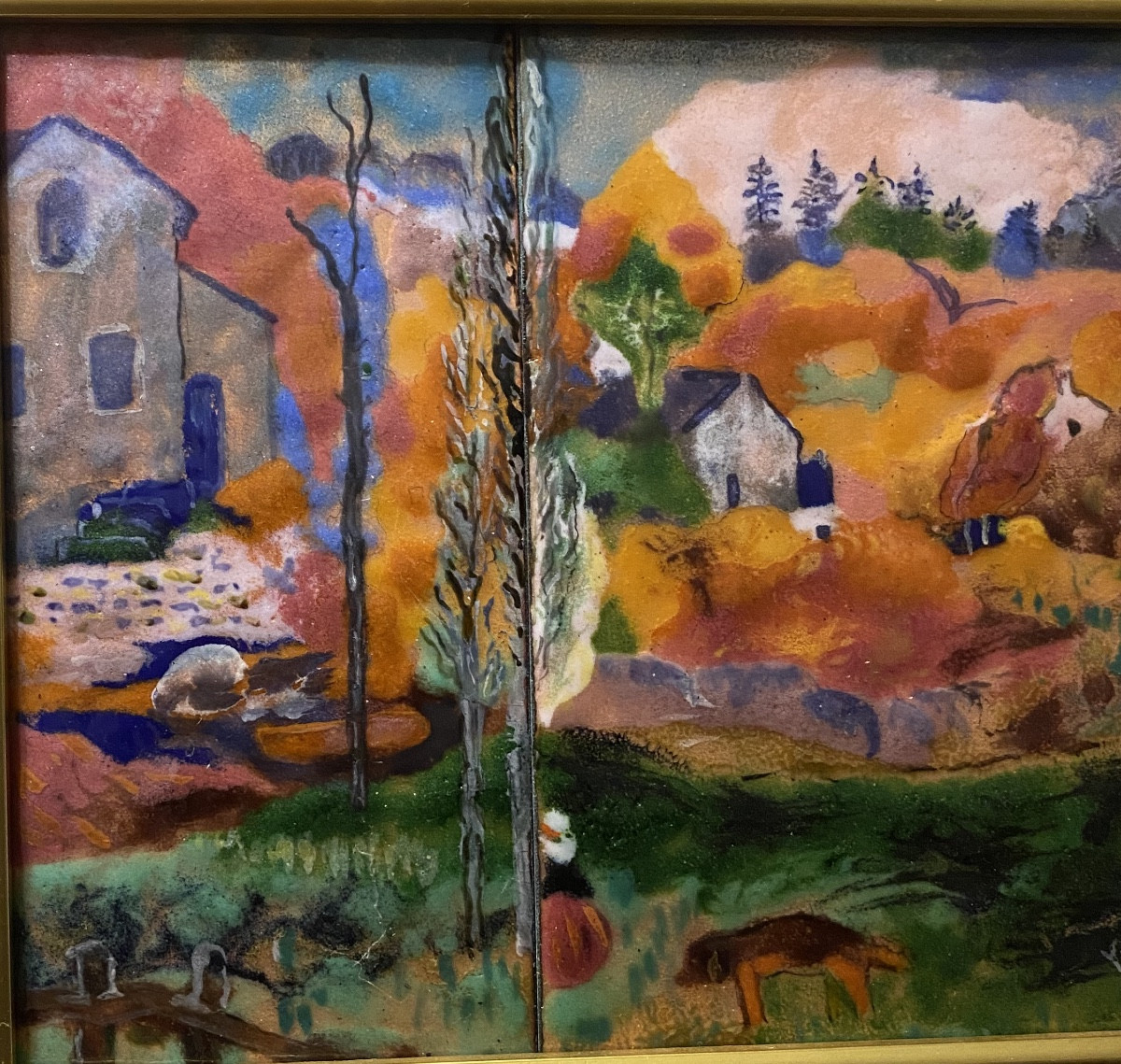 Oeuvre de Vielle dans un encadrement doré d'un paysage peint a l'émail sur cuivre d'un paysage -photo-8