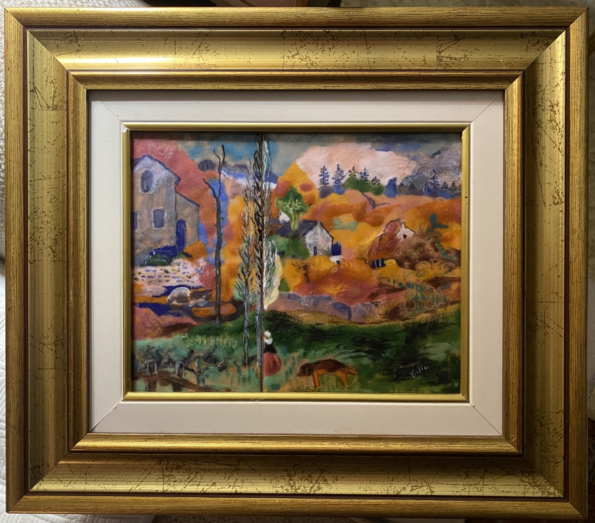 Oeuvre de Vielle dans un encadrement doré d'un paysage peint a l'émail sur cuivre d'un paysage 