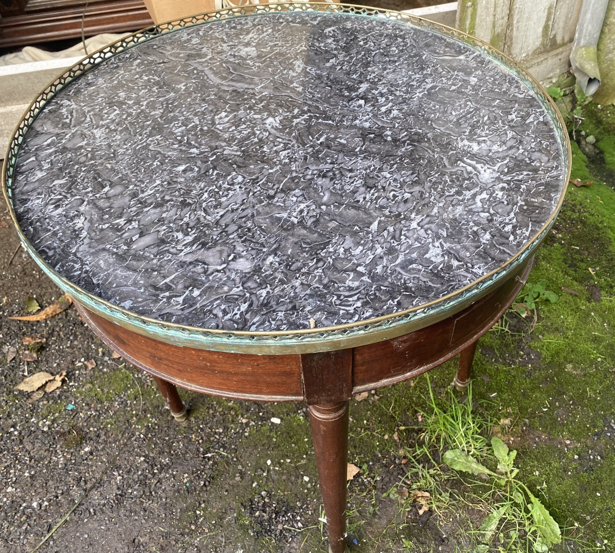  Simple Bouillotte Table, 18th Century Mahogany, Openwork Bronze Gallery, Grey Directoire Marble Top-photo-4