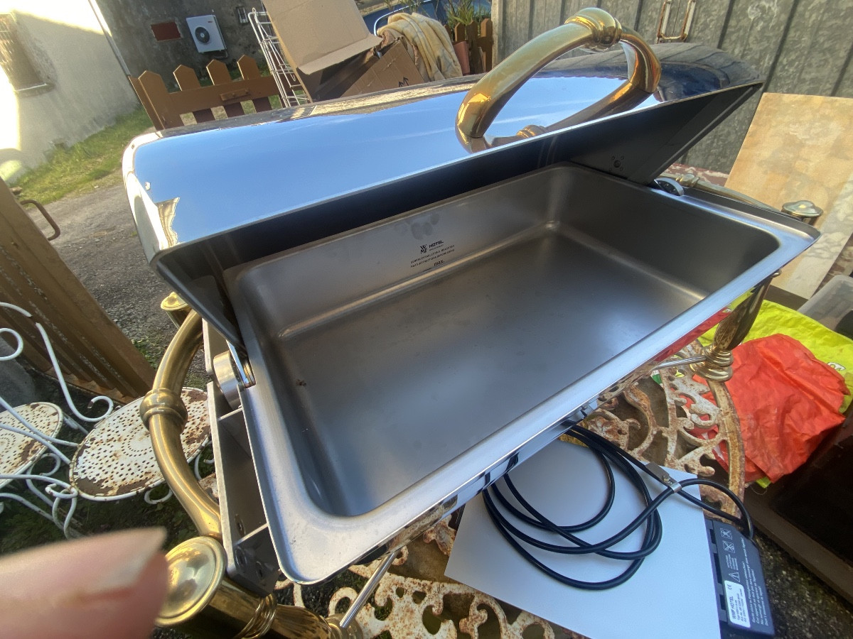  Large Cylindrical Hot Food Serving Dish From A Hotel, Made Of Stainless Steel And Gilt Bronze, From The 1990s-photo-1
