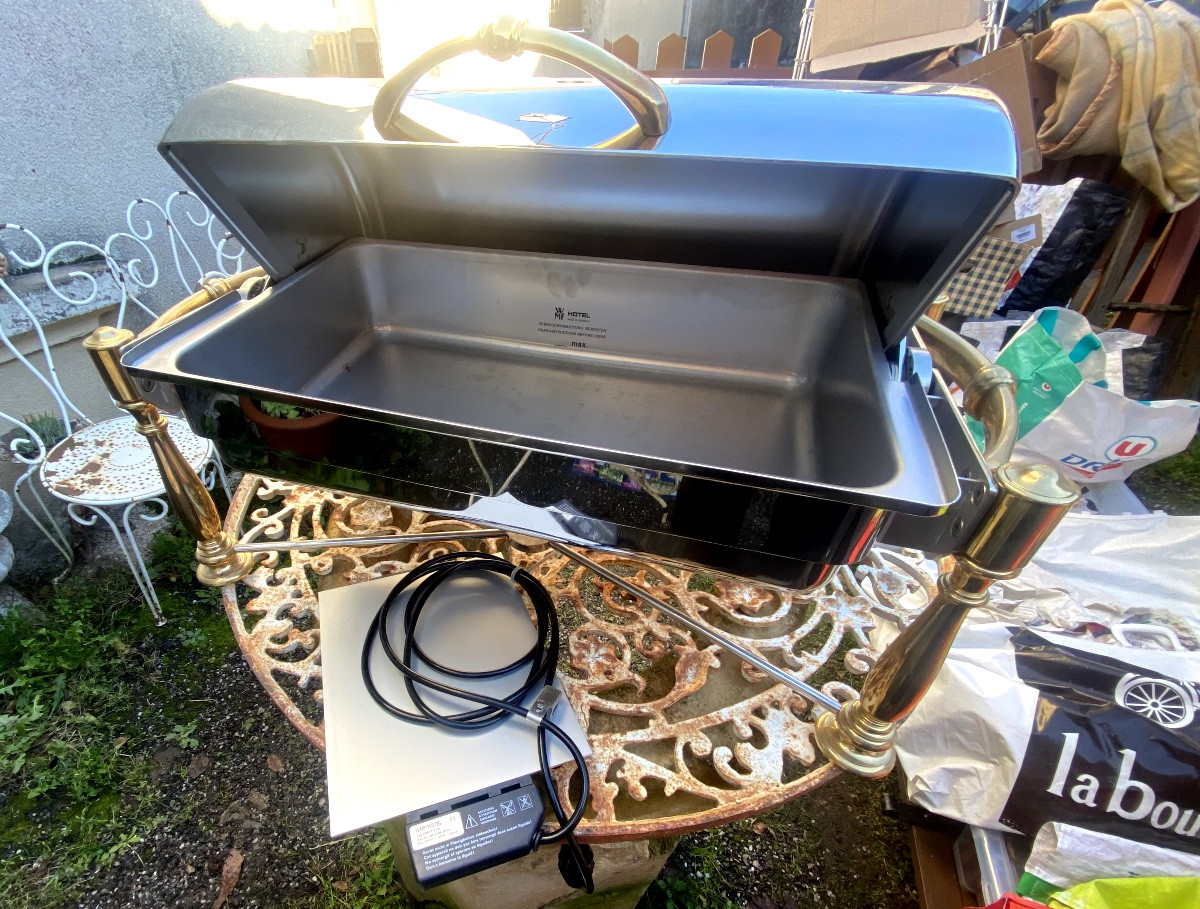  Large Cylindrical Hot Food Serving Dish From A Hotel, Made Of Stainless Steel And Gilt Bronze, From The 1990s-photo-2