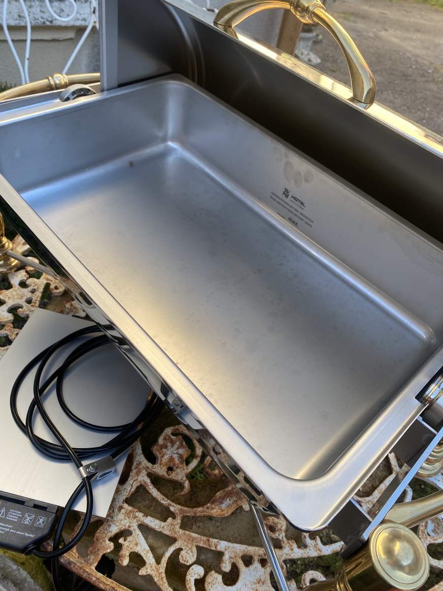  Large Cylindrical Hot Food Serving Dish From A Hotel, Made Of Stainless Steel And Gilt Bronze, From The 1990s-photo-3