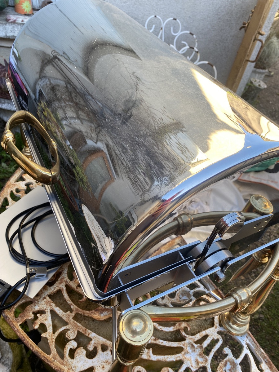  Large Cylindrical Hot Food Serving Dish From A Hotel, Made Of Stainless Steel And Gilt Bronze, From The 1990s-photo-5