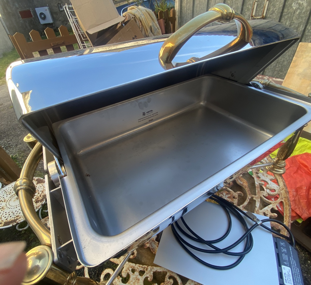  Large Cylindrical Hot Food Serving Dish From A Hotel, Made Of Stainless Steel And Gilt Bronze, From The 1990s-photo-6