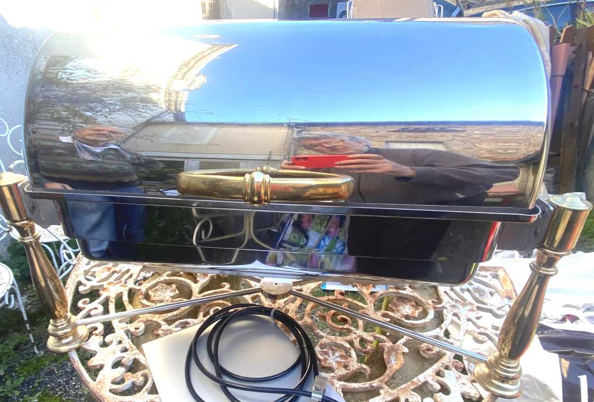  Large Cylindrical Hot Food Serving Dish From A Hotel, Made Of Stainless Steel And Gilt Bronze, From The 1990s-photo-7