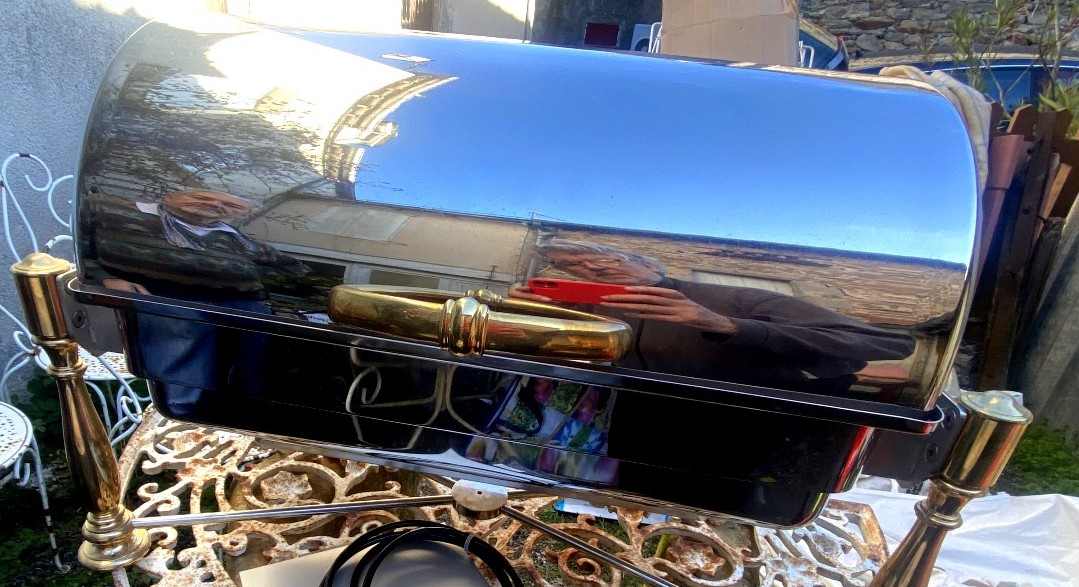  Large Cylindrical Hot Food Serving Dish From A Hotel, Made Of Stainless Steel And Gilt Bronze, From The 1990s