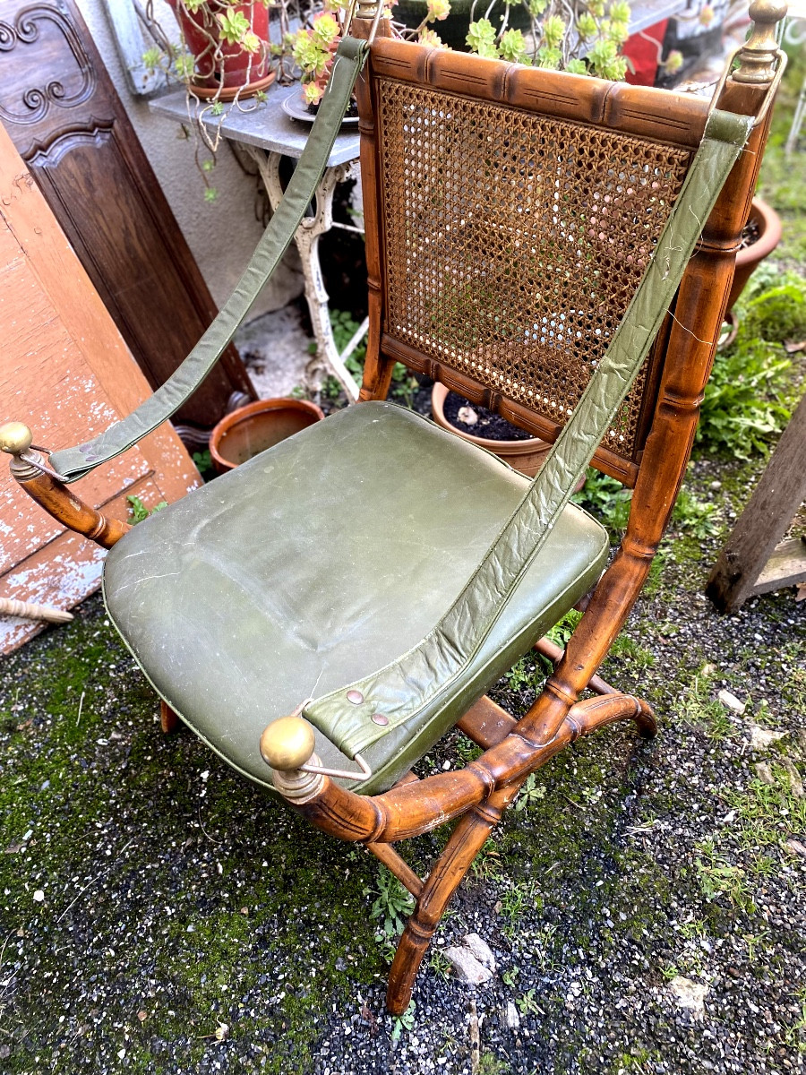Rare And Beautiful Officer's Armchair In Caned Beechwood And "bamboo" Bronze, Made By Jansen, Circa 1970s