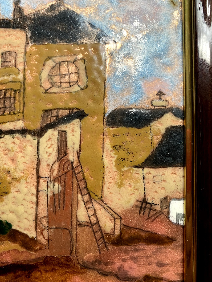  Old House With Turret In Pessac, Enamel On Copper Framed From The Period 1980, Monogrammed Jp.-photo-3