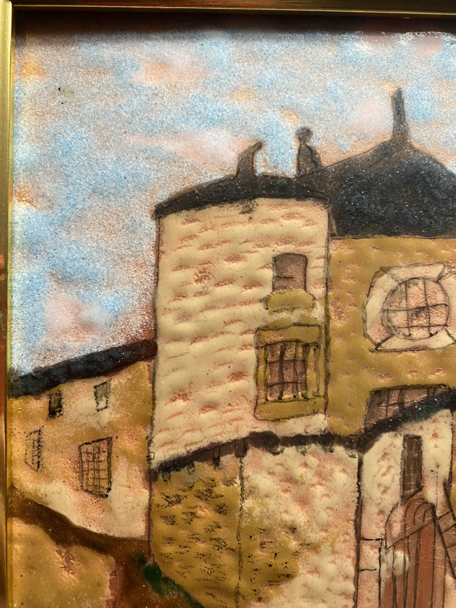  Old House With Turret In Pessac, Enamel On Copper Framed From The Period 1980, Monogrammed Jp.-photo-1