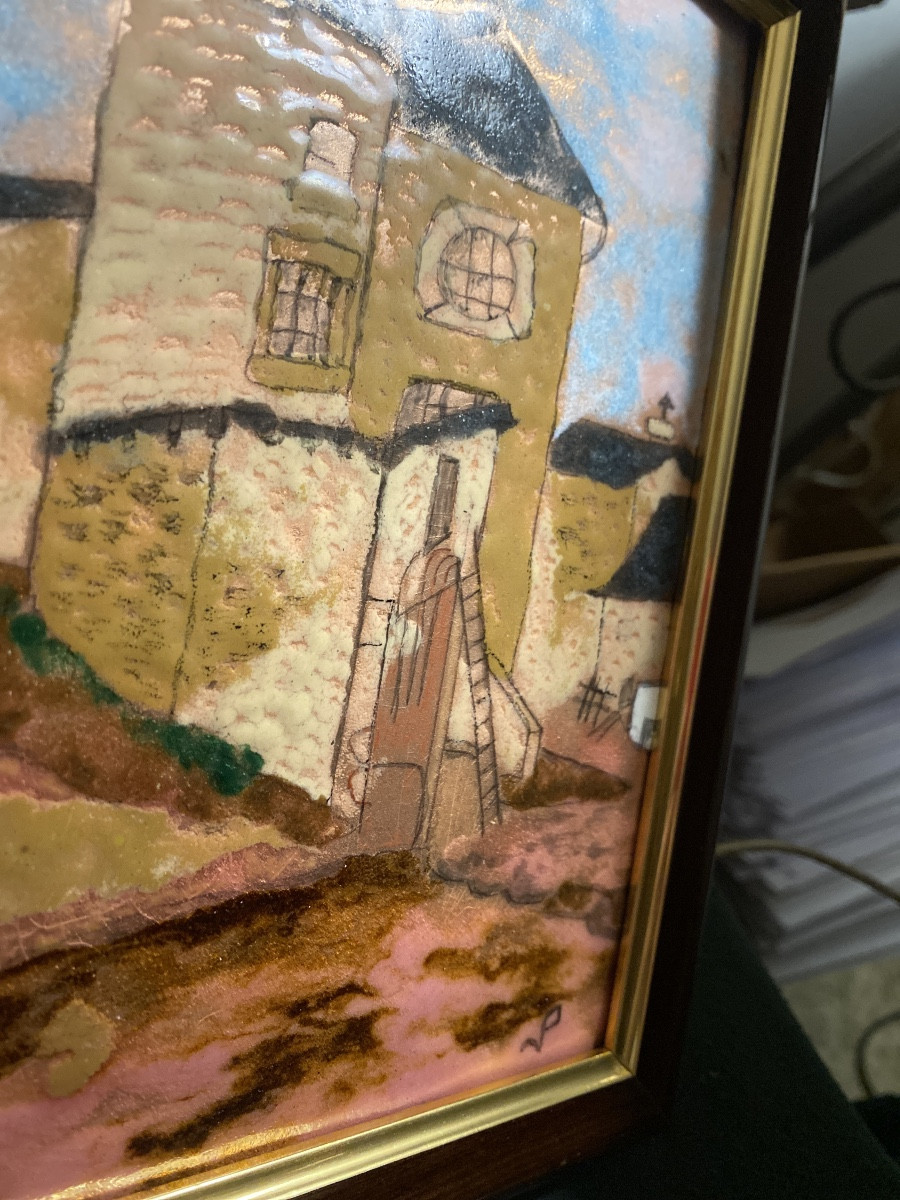  Old House With Turret In Pessac, Enamel On Copper Framed From The Period 1980, Monogrammed Jp.-photo-6