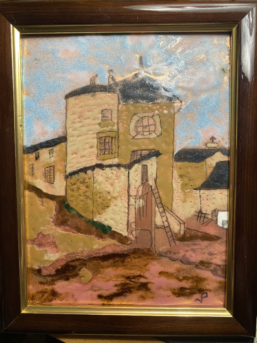  Old House With Turret In Pessac, Enamel On Copper Framed From The Period 1980, Monogrammed Jp.