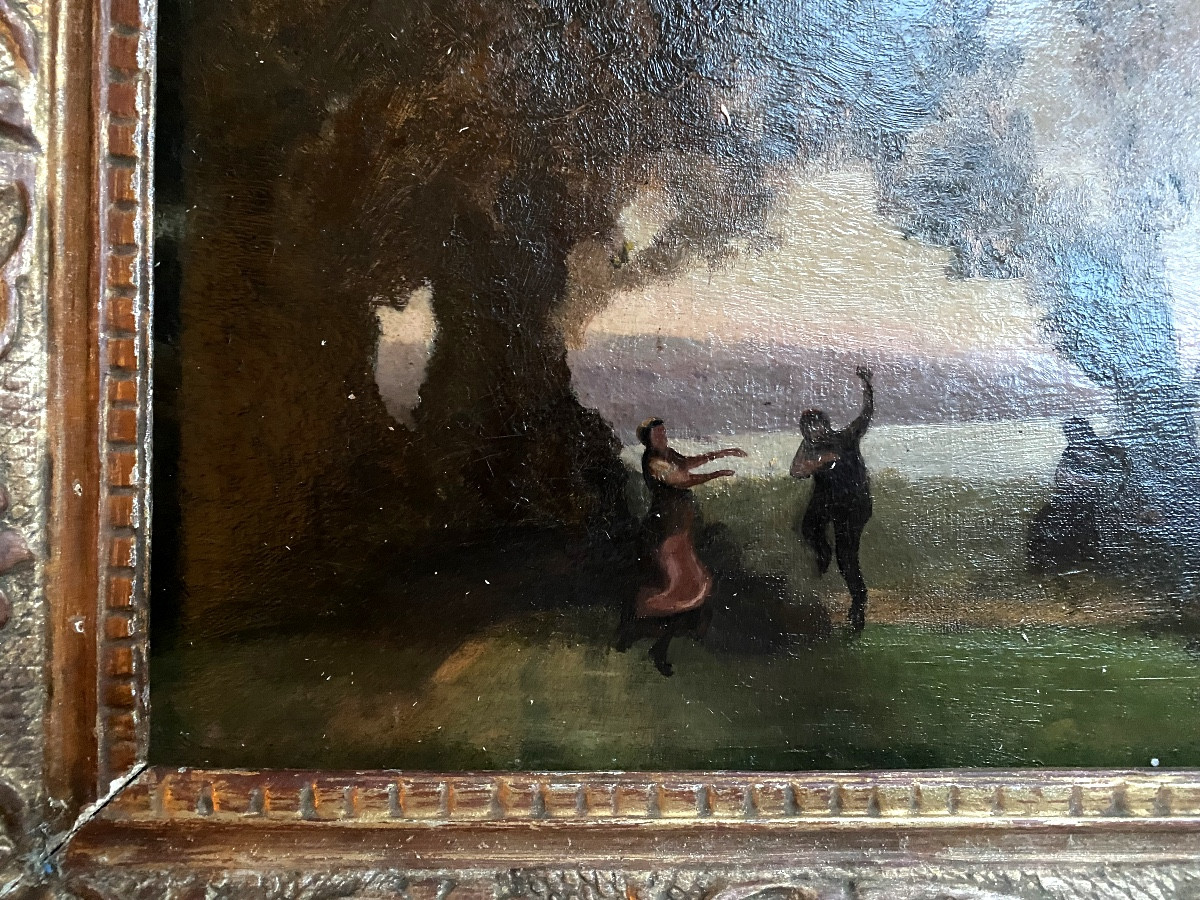 Ecole de "Camille Corot" 19ème encadrée : Danse en aparté sous les ombrages du lac début soirée-photo-2