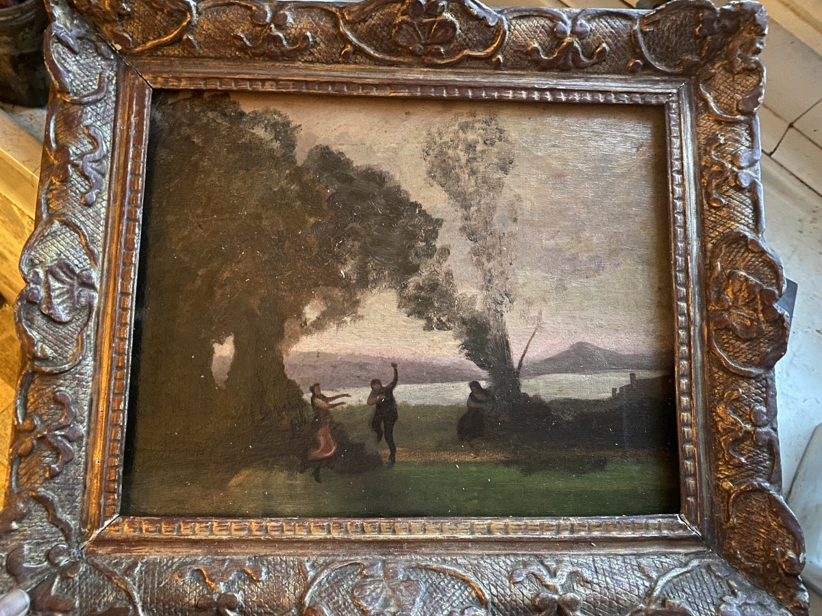 Ecole de "Camille Corot" 19ème encadrée : Danse en aparté sous les ombrages du lac début soirée-photo-3