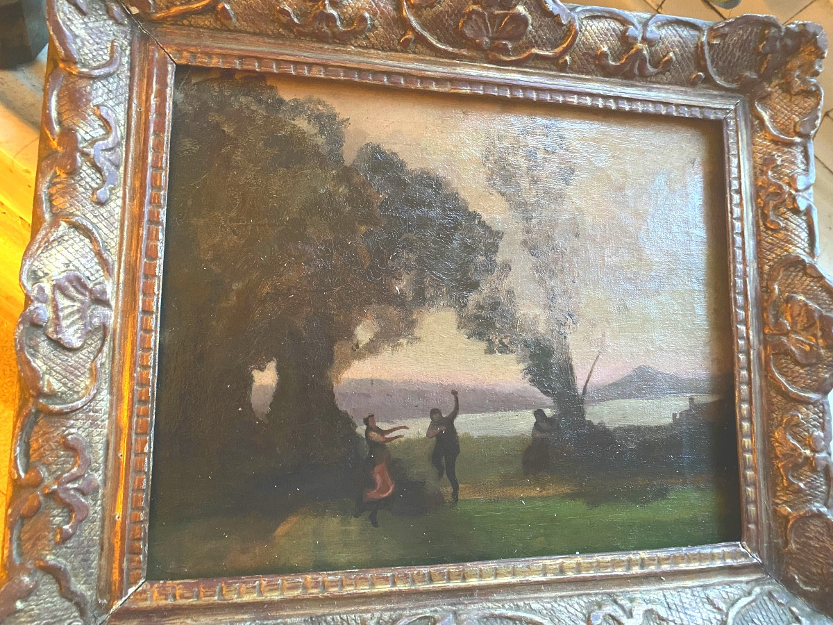 Ecole de "Camille Corot" 19ème encadrée : Danse en aparté sous les ombrages du lac début soirée-photo-5